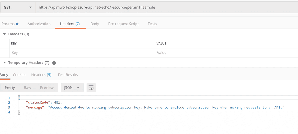 Imagen 6.- Error 401, suscription key.