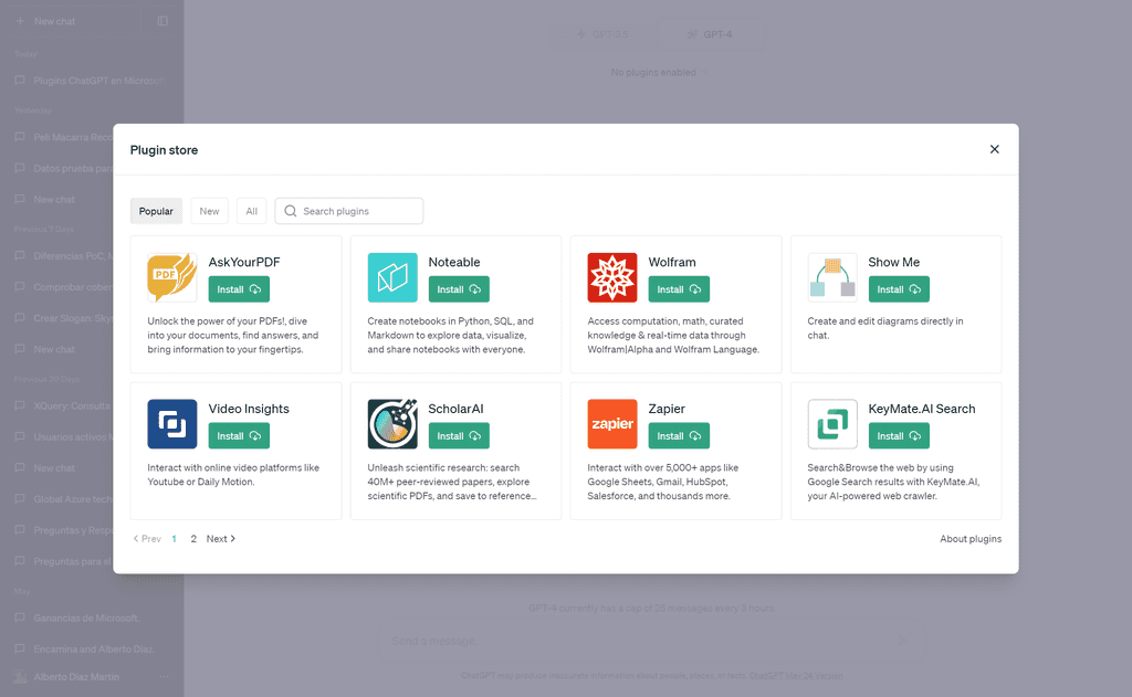 Plugins disponibles en ChatGPT.