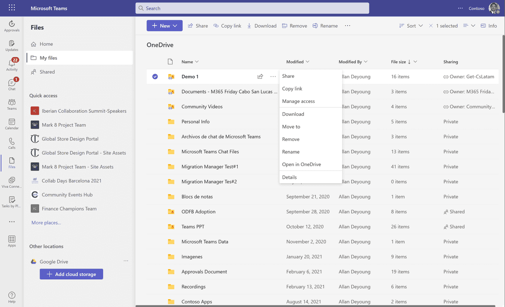 Imagen 6.- Opciones para interactuar con una carpeta desde la sección My files.