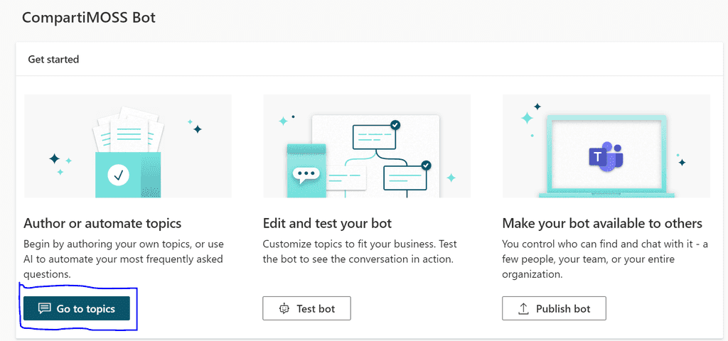 Imagen 8.- Acceso a la creación de temas (topics) para el Chatbot.