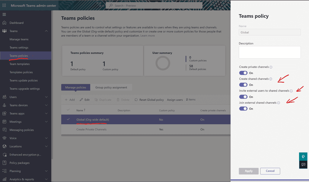 Imagen 3.- Configuración por defecto en un tenant con relación a Canales Compartidos.