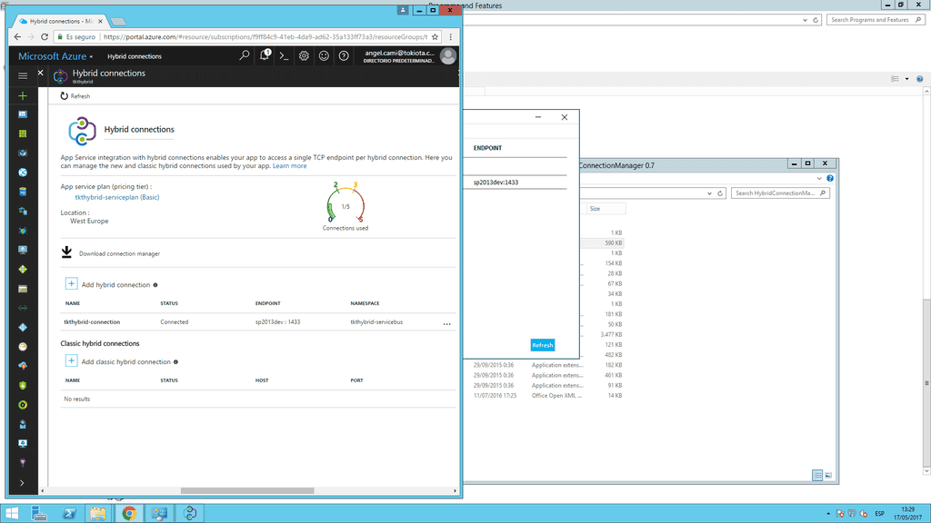 Si vamos a la configuración de la Hybrid Connection en Azure, veremos que el estado también ha cambiado a Connected.