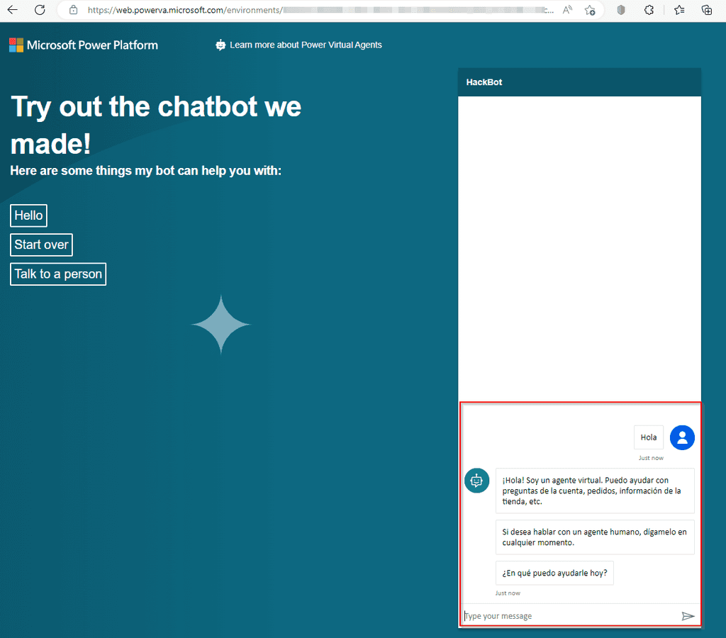 Imagen .- Sitio web de demo donde se ha publicado el chatbot de Power Virtual Agents.