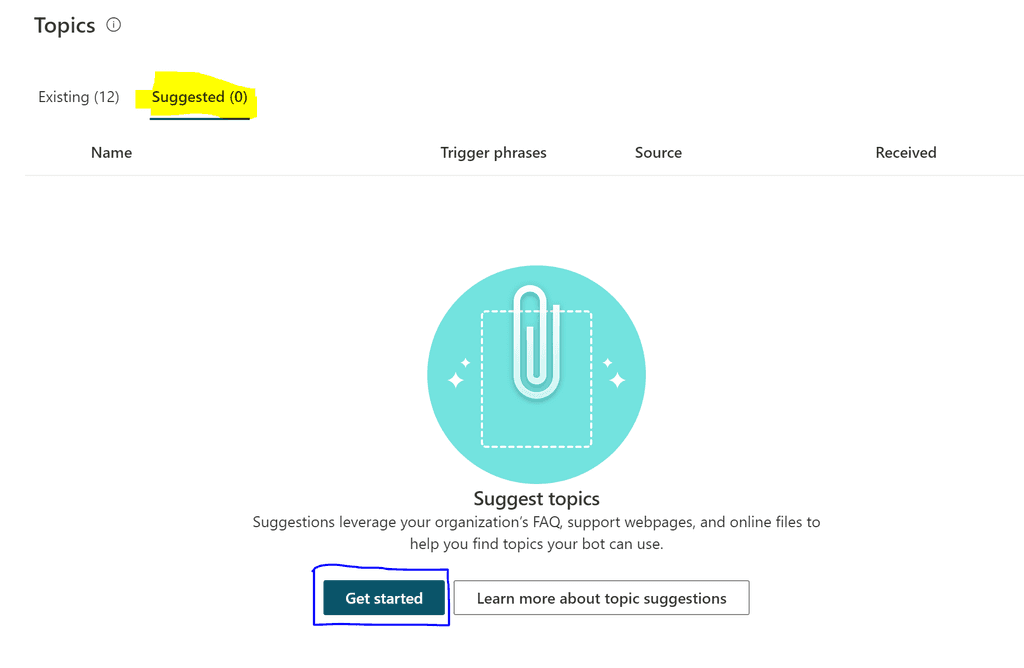 Imagen 9.- Sección Suggested en la configuración de temas para el chatbot.