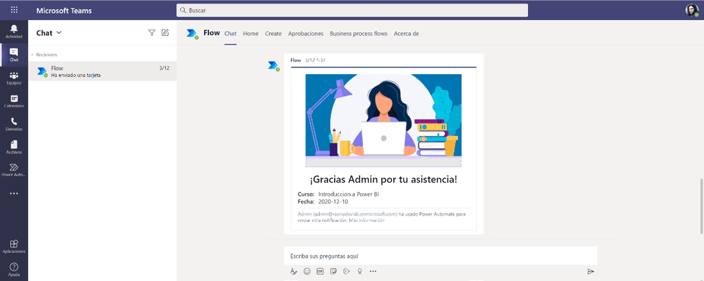Imagen 17.- Visualización de la Adaptive Card en un chat de Teams.