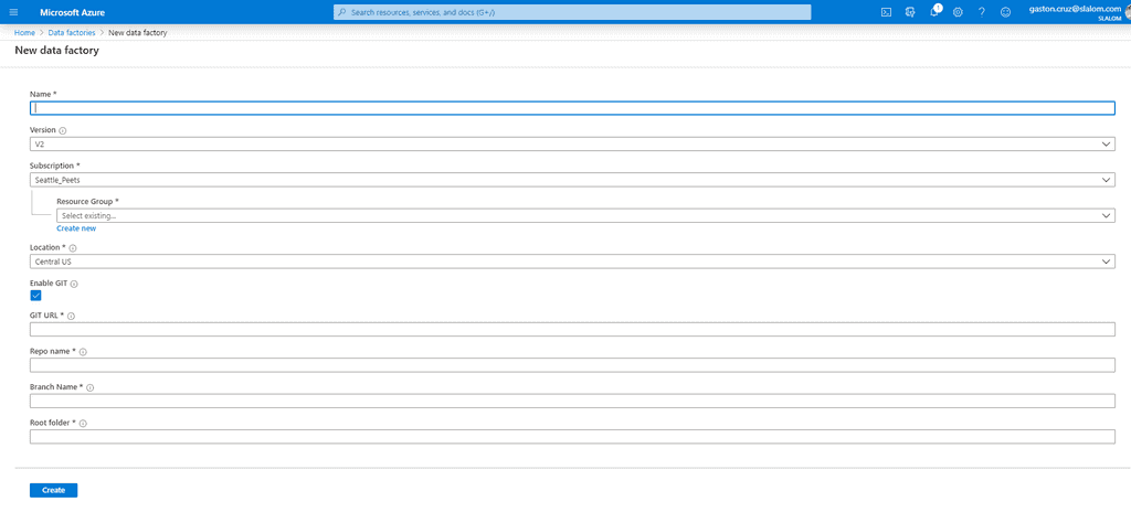 Imagen 15.- Creación de la instancia de Azure Data Factory.