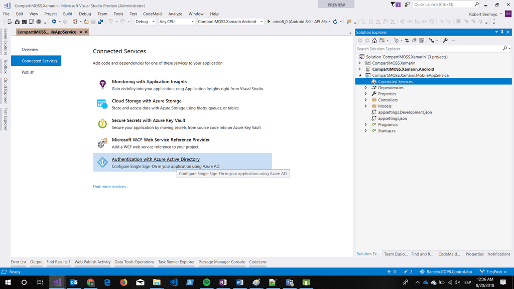 Imagen 14.- Configuración de la autenticación con Azure AD.