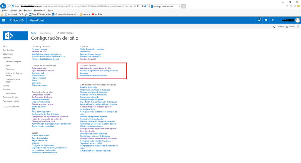 Imagen 1.- Ejemplo de sitio de SharePoint Online en el que no aparece la opción de guardar sitio como plantilla.