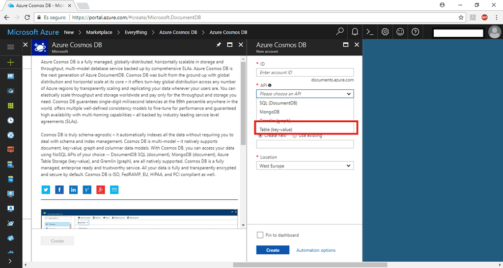 Imagen 1.- Creando Cosmos DB Table API.