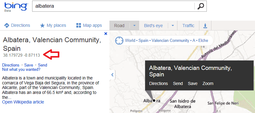 Obtención de información de coordenadas con Bing Maps
