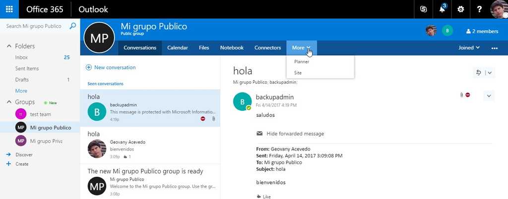 Imagen 6.- Ejemplo de Office 365 Group.