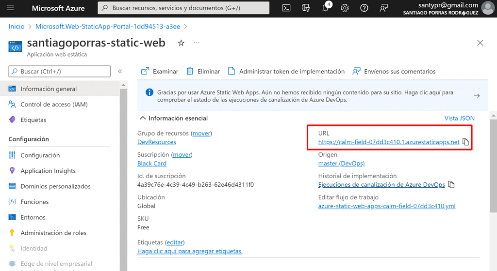 Imagen - Información de Azure Static Web App