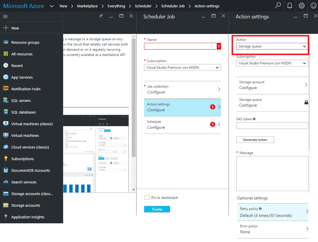 Imagen 4.- Job con tipo de acción Storage queue.