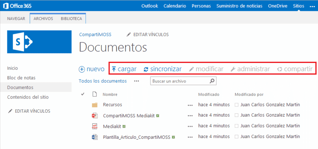 Imagen 2.- Opciones disponibles cuando se accede a la biblioteca de documentos.