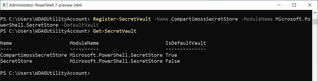 Imagen 3.- Comandos Register-SecretVault y Get-SecretVault.