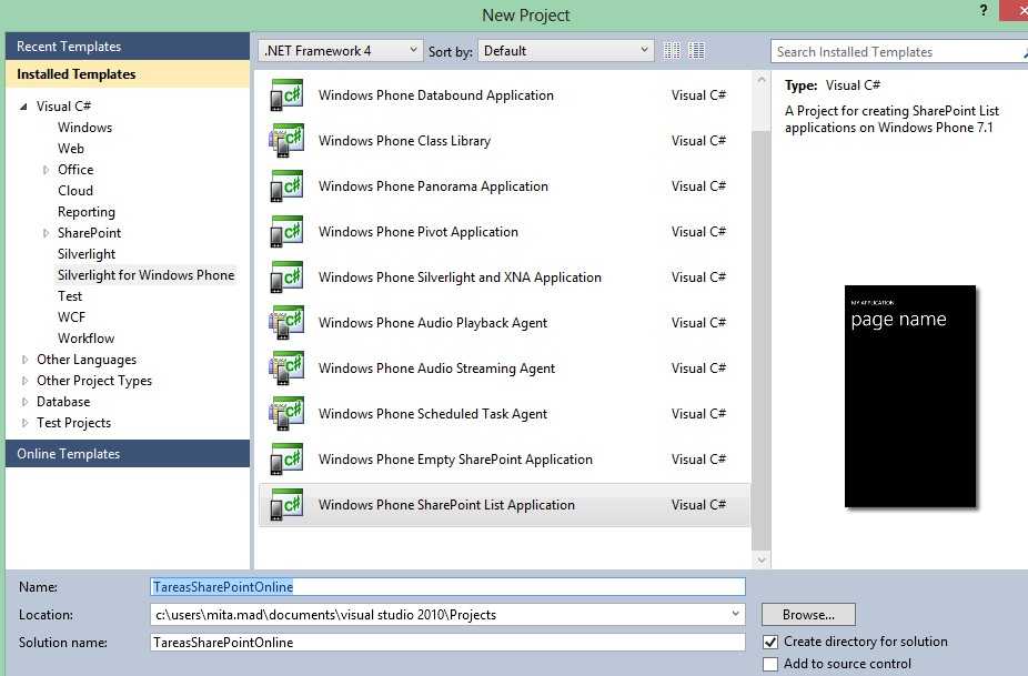 Nuevo proyecto de “Windows Phone SharePoint List Application”.