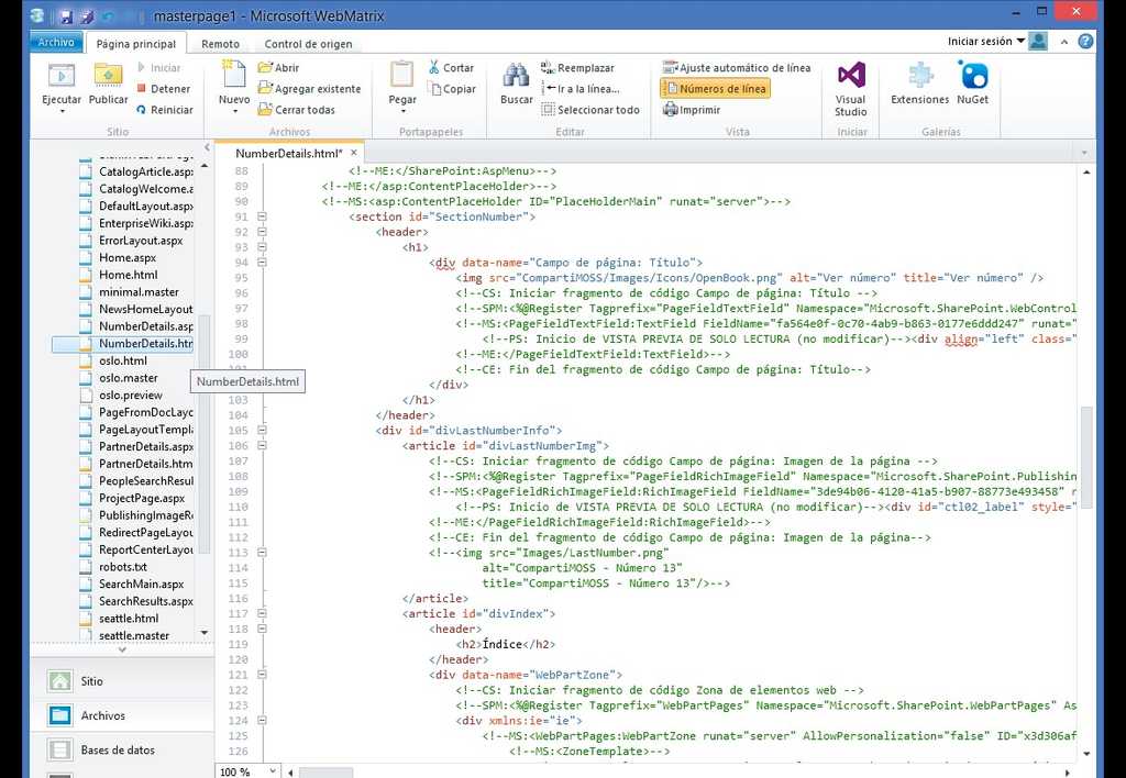 Edición del diseño de página NumberDetails en WebMatrix 3.