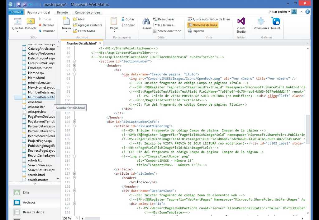 Edición del diseño de página NumberDetails en WebMatrix 3.