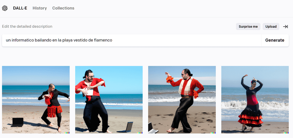 Imagen 7.- Resultados en DALL·E para la petición "un informático bailando en la playa vestido de flamenco".