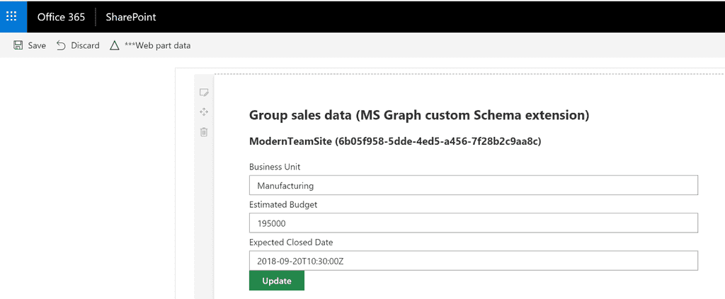 Imagen 1.- SPFx WebPart para lectura y edición de un custom Schema Extension en MS Graph.