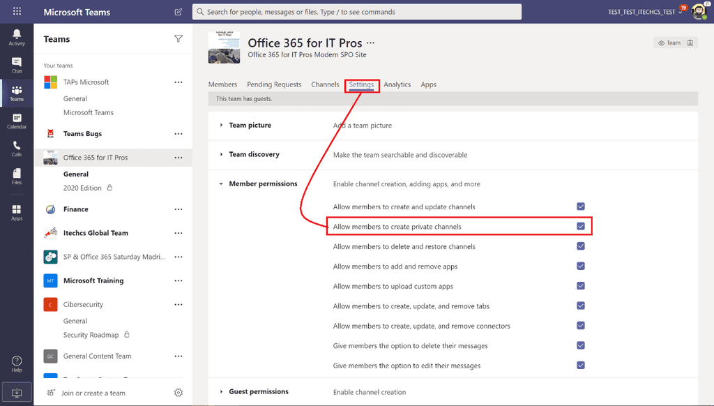 Imagen 2.- Permiso para crear canales privados para miembros de un Team.