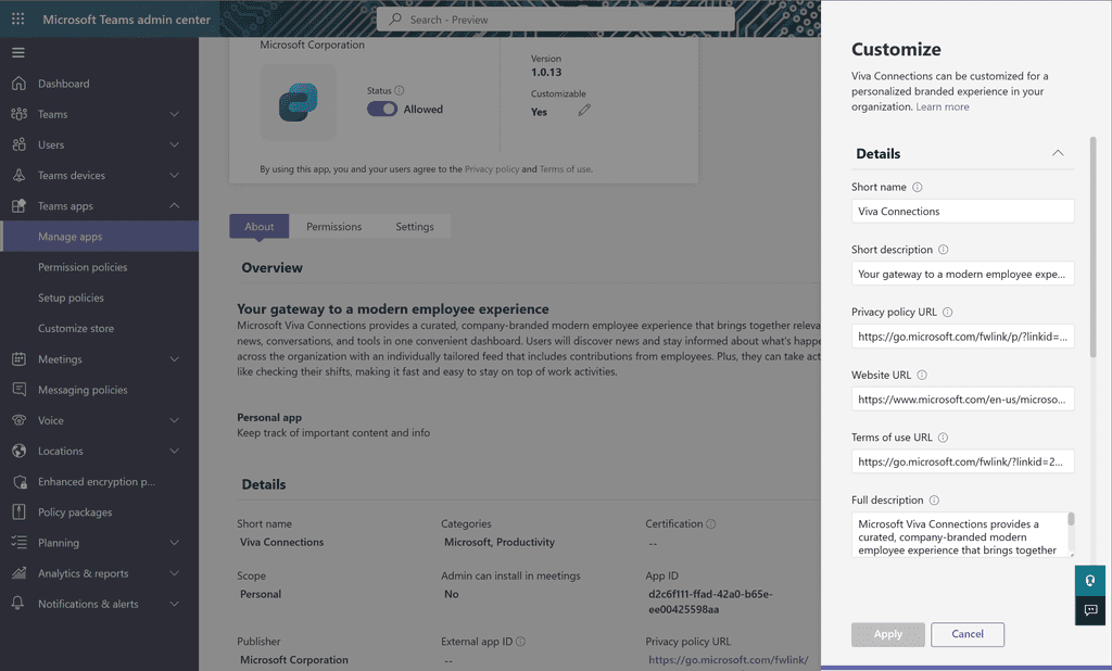 Imagen 9.- Opciones de personalización y configuración de Viva Connections en el Teams Admin Center.