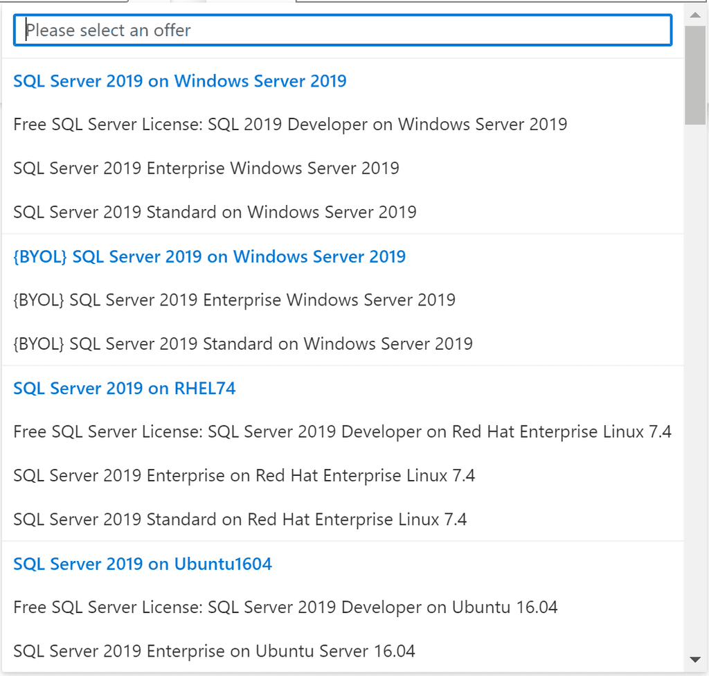Imagen 2.- Versiones de SQL Server disponibles para VMs en Azure.