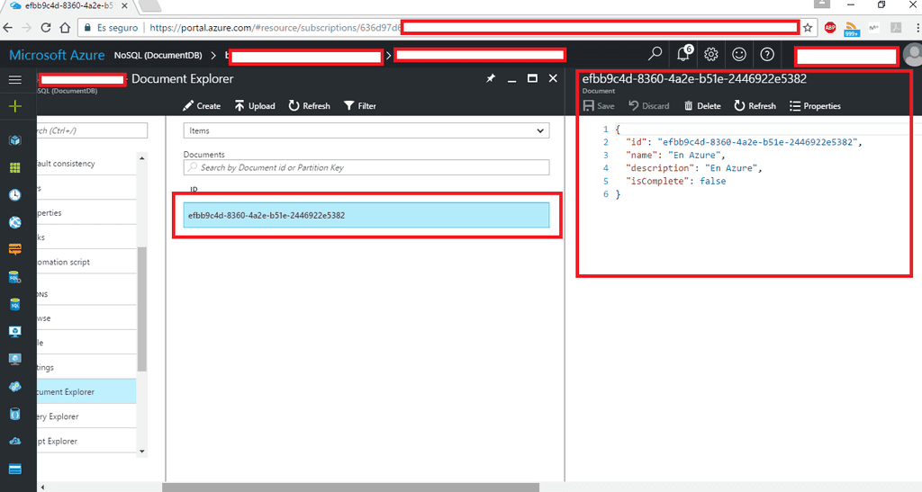 Imagen 7.- Uso del Document Explorer para DocumentDB.
