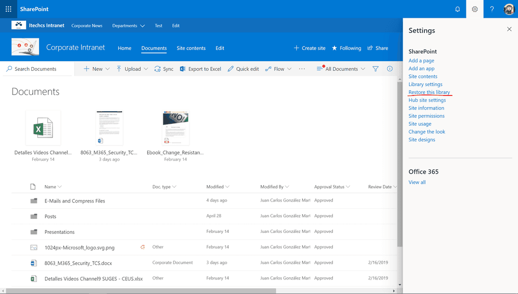 Imagen 5.- Acceso a la opción “Restore this library” en un Sitio de SPO.