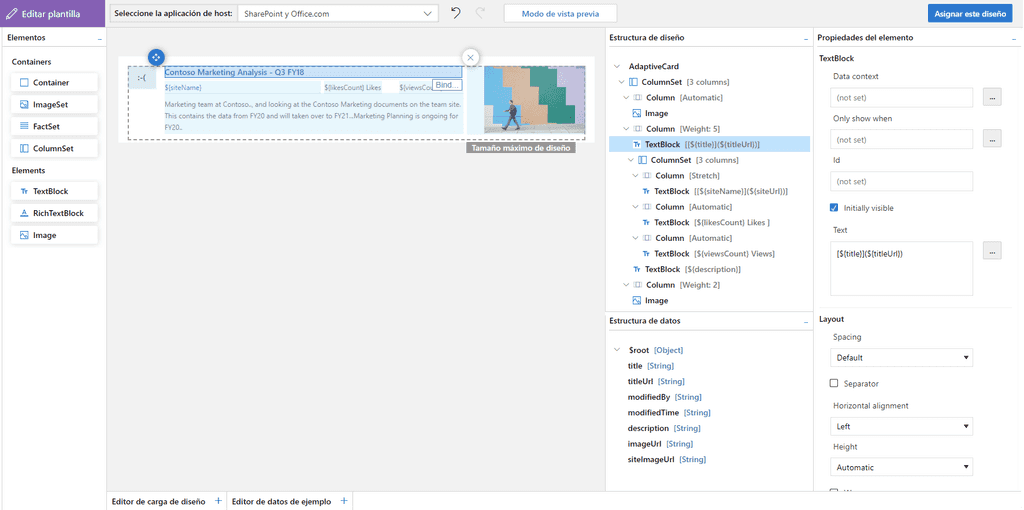 Imagen 6.- Diseñador visual de adaptive cards.