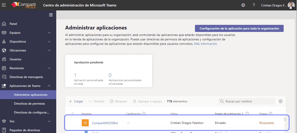 Imagen 11.- Aprobación del Bot en el centro de administración de Microsoft Teams.