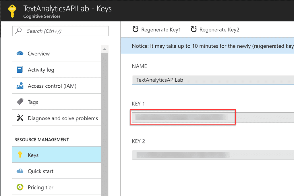 Imagen 3.- Obteniendo las claves de Text Analytics.