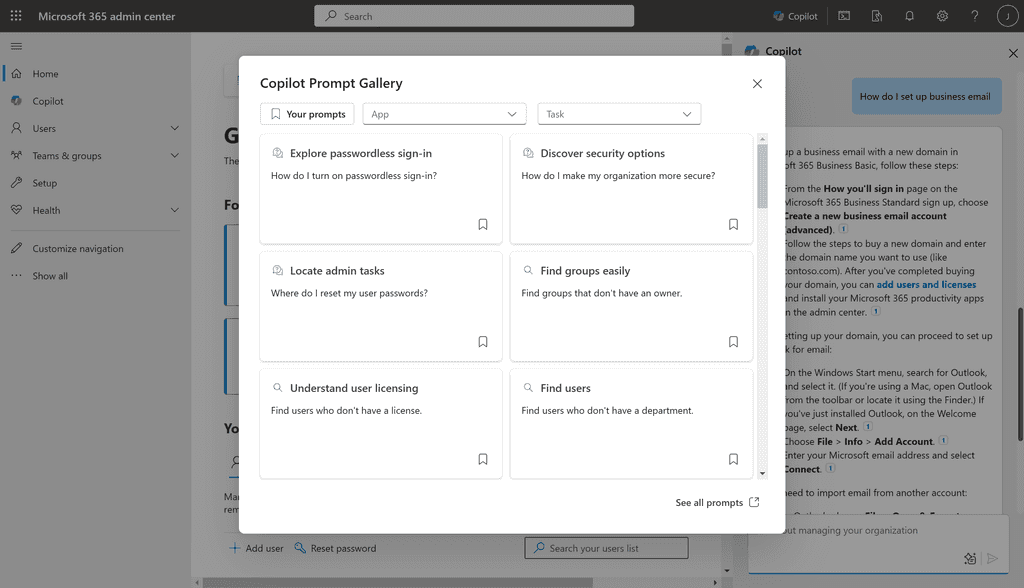 Imagen 5.- Prompts adicionales para administrar Microsoft 365 con Copilot en la Copilot Prompt Gallery.