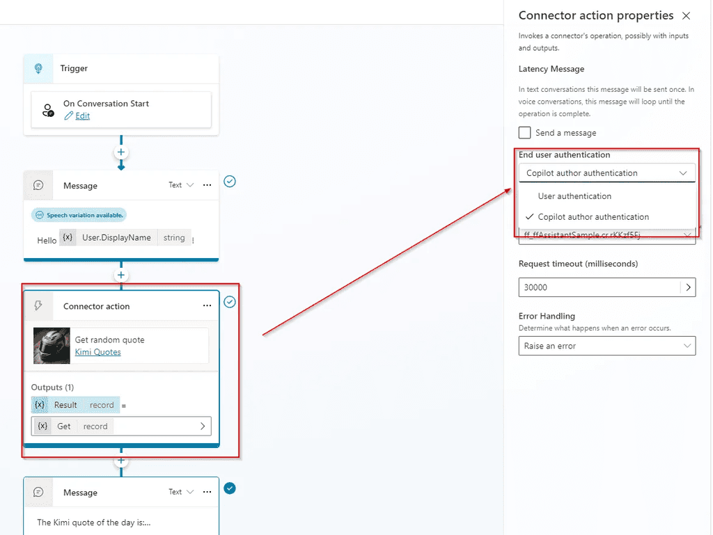 Figura 15 - Configuración de la autenticación de usuario final para usar el conector personalizado