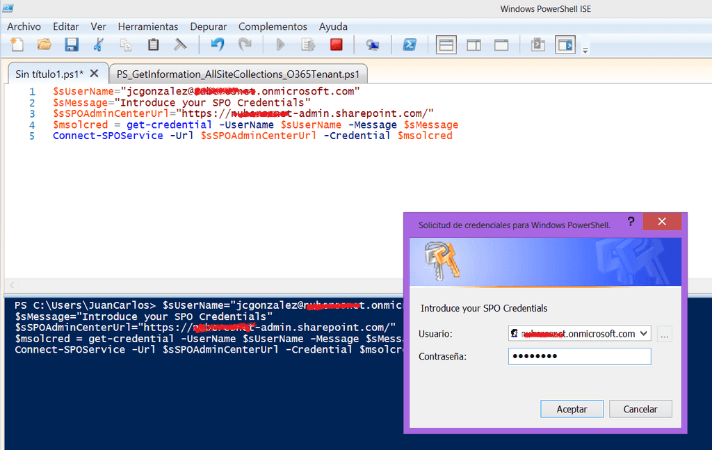 Imagen 1.- Conexión al tenant de SharePoint Online en Office 365 desde PowerShell.