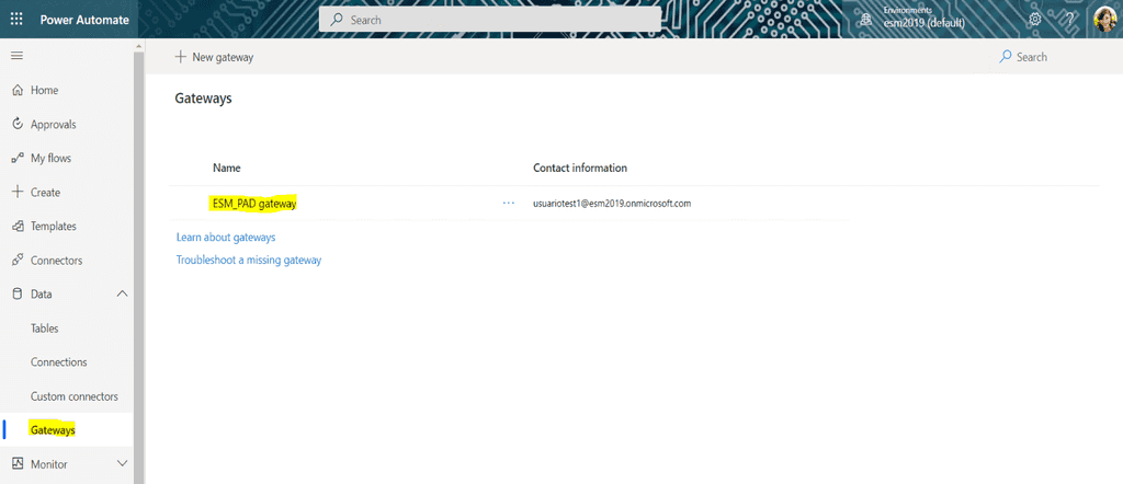 Imagen 15.- Comprobación de disponibilidad del Gateway en el Portal de Administración de Power Automate .