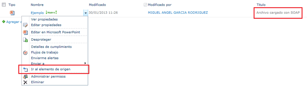 Documento cargado en la biblioteca de SharePoint