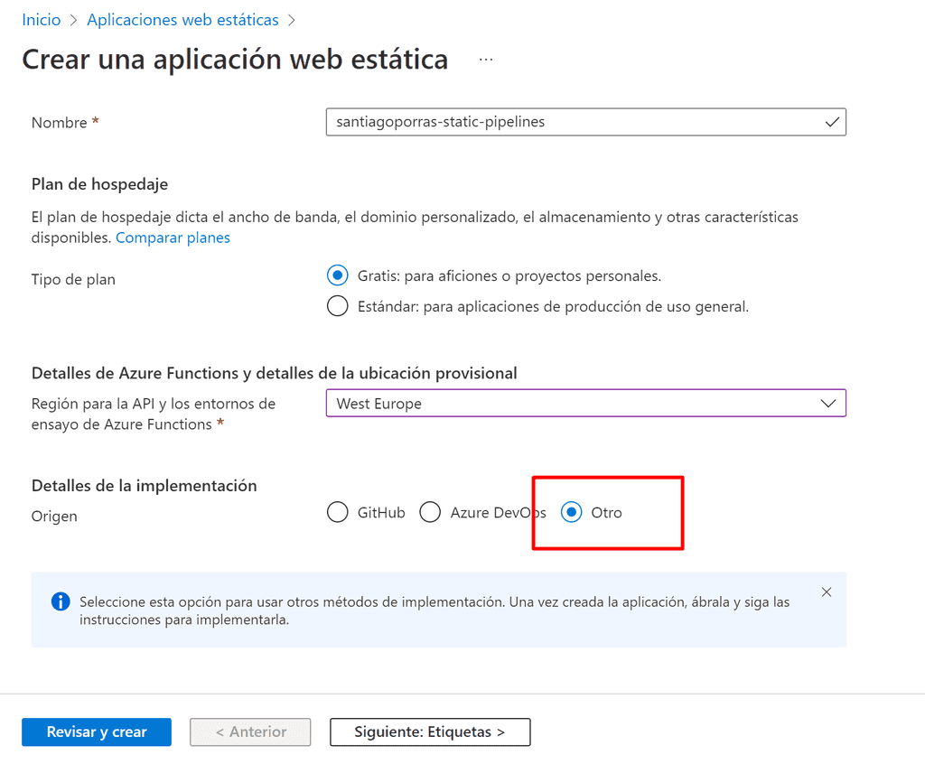 Imagen 14 - Creación de Azure Static Web App