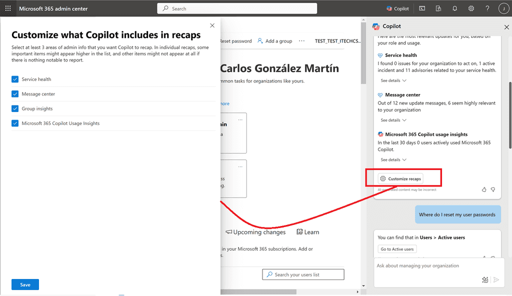 Imagen 6.- Opciones de configuración del Recap para Copilot para administrar Microsoft 365.