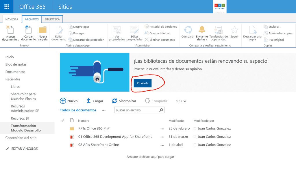 Imagen 1.- Acceso a la nueva experiencia de usuario para bibliotecas de documentos.