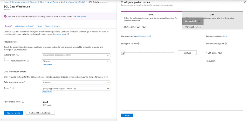 Imagen 4.- Configuración de Azure Synapse Analytics.