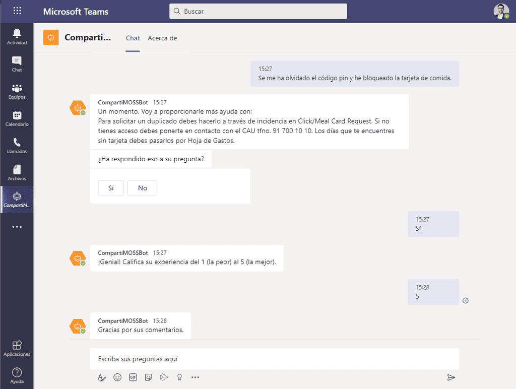 Imagen 15.- Resolución de preguntas frecuentes desde el Bot en Microsoft Teams.