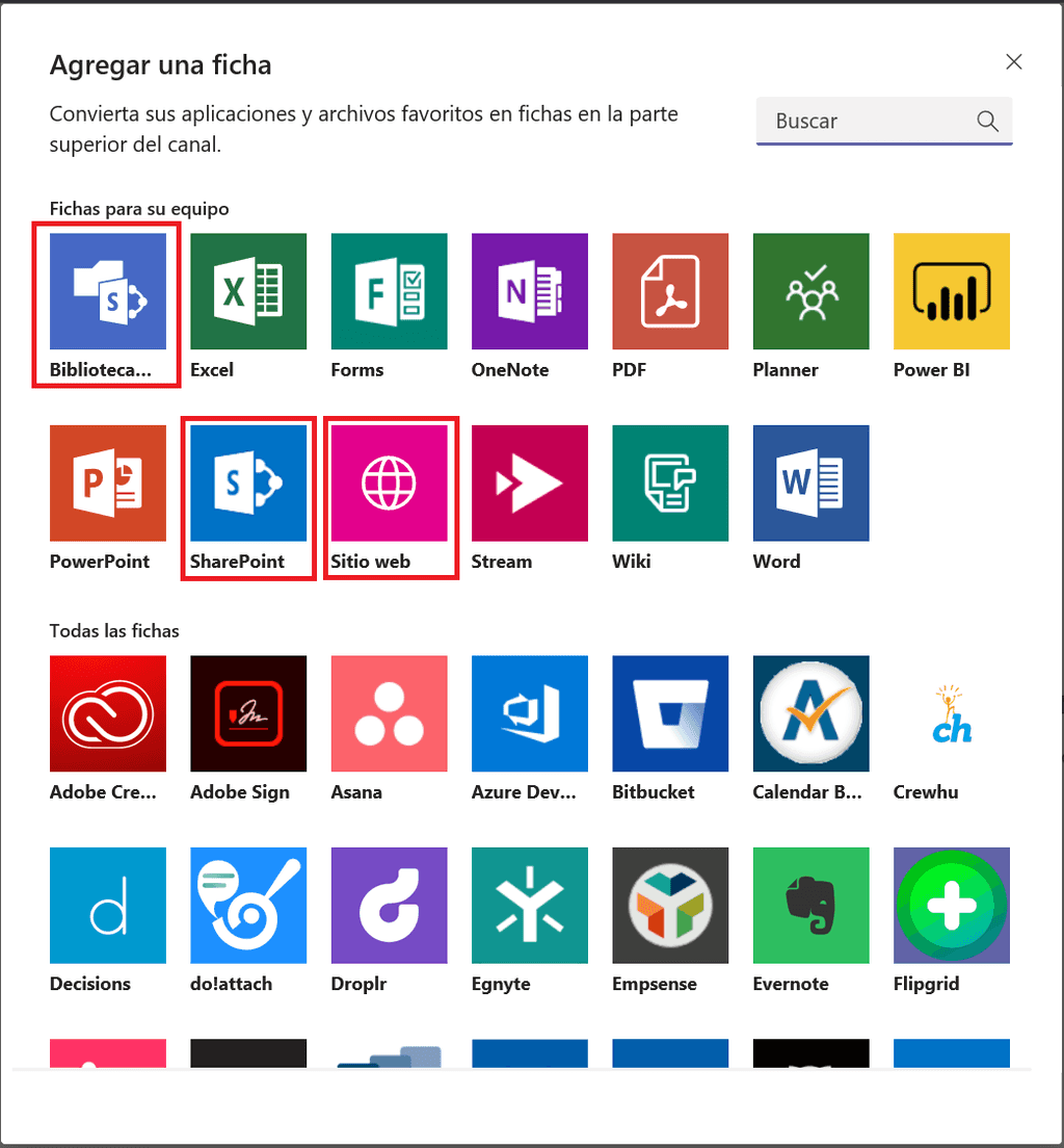 Imagen 3.- Pestañas para añadir páginas, listas y/o bibliotecas de documentos en canales de Microsoft Teams.