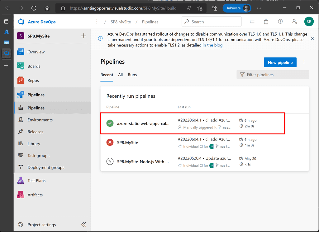 Imagen 11 - Pipeline de despliegue de Azure Static Web App