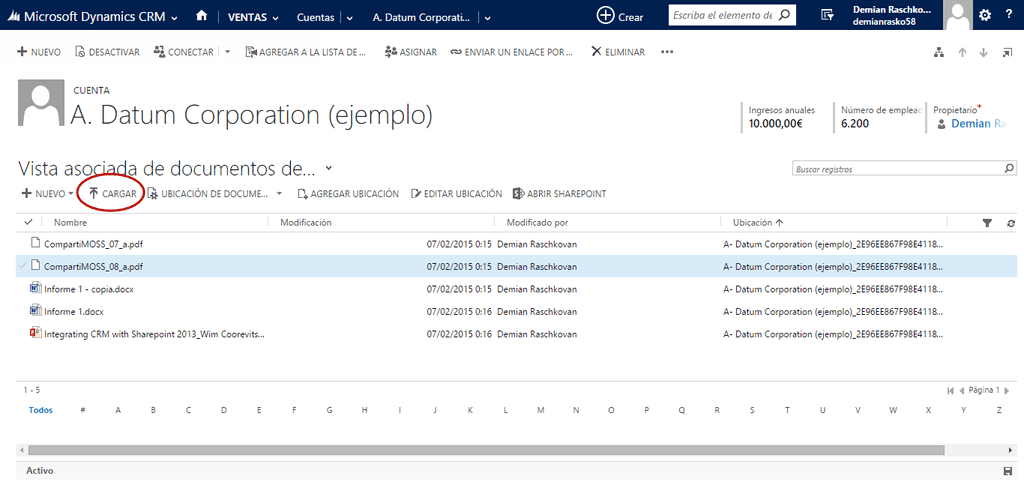 Imagen 13.- Carga de documentos desde Dynamics CRM en SharePoint.