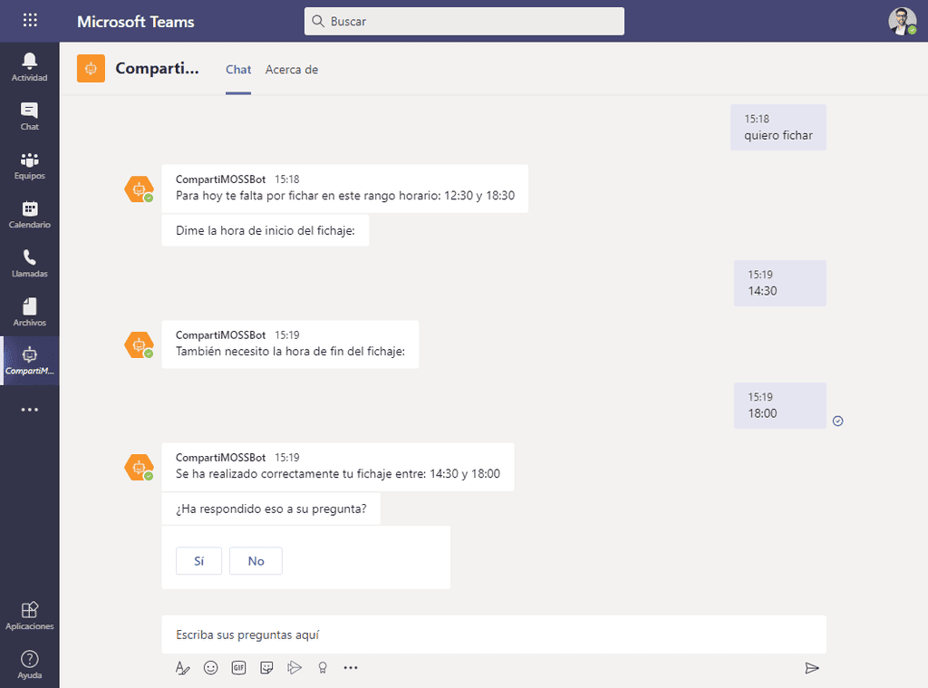 Imagen 14.- Realización de fichaje desde la conversación con el Bot en Microsoft Teams.