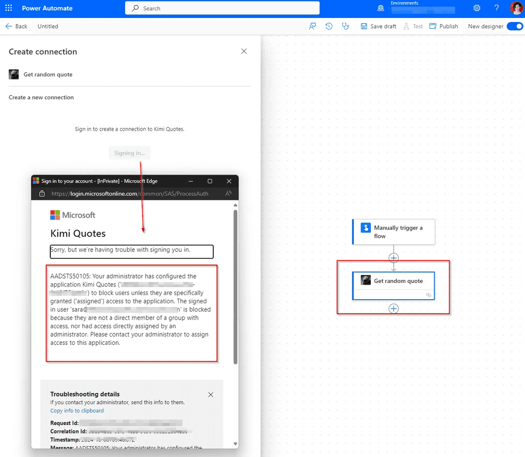 Figura 14 - Error al crear una conexión al conector personalizado en Power Automate