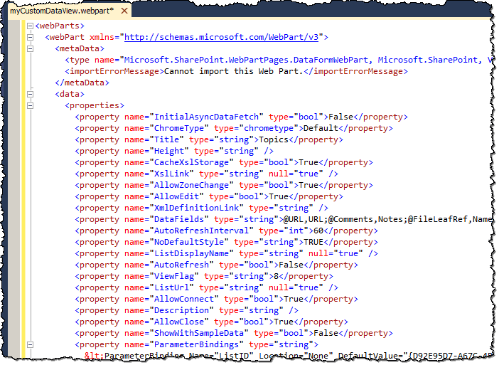Parte del código resultante de la exportación del Web Part