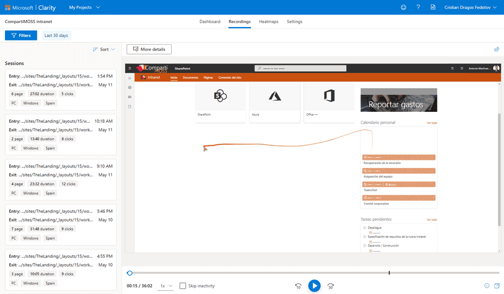 Imagen 8.- Panel de grabaciones (Recordings) en Microsoft Clarity.