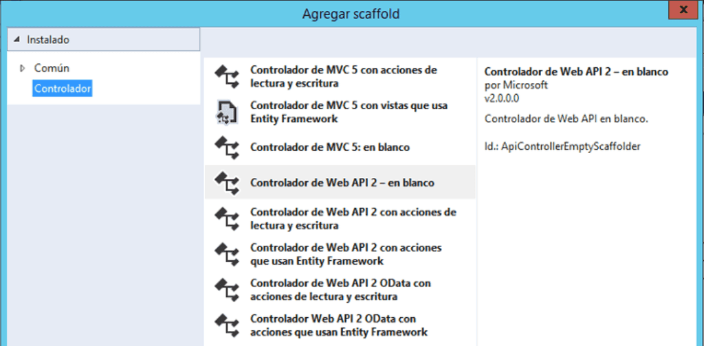 Imagen 3.- Selección del Controlador para el servicio REST con WebAPI